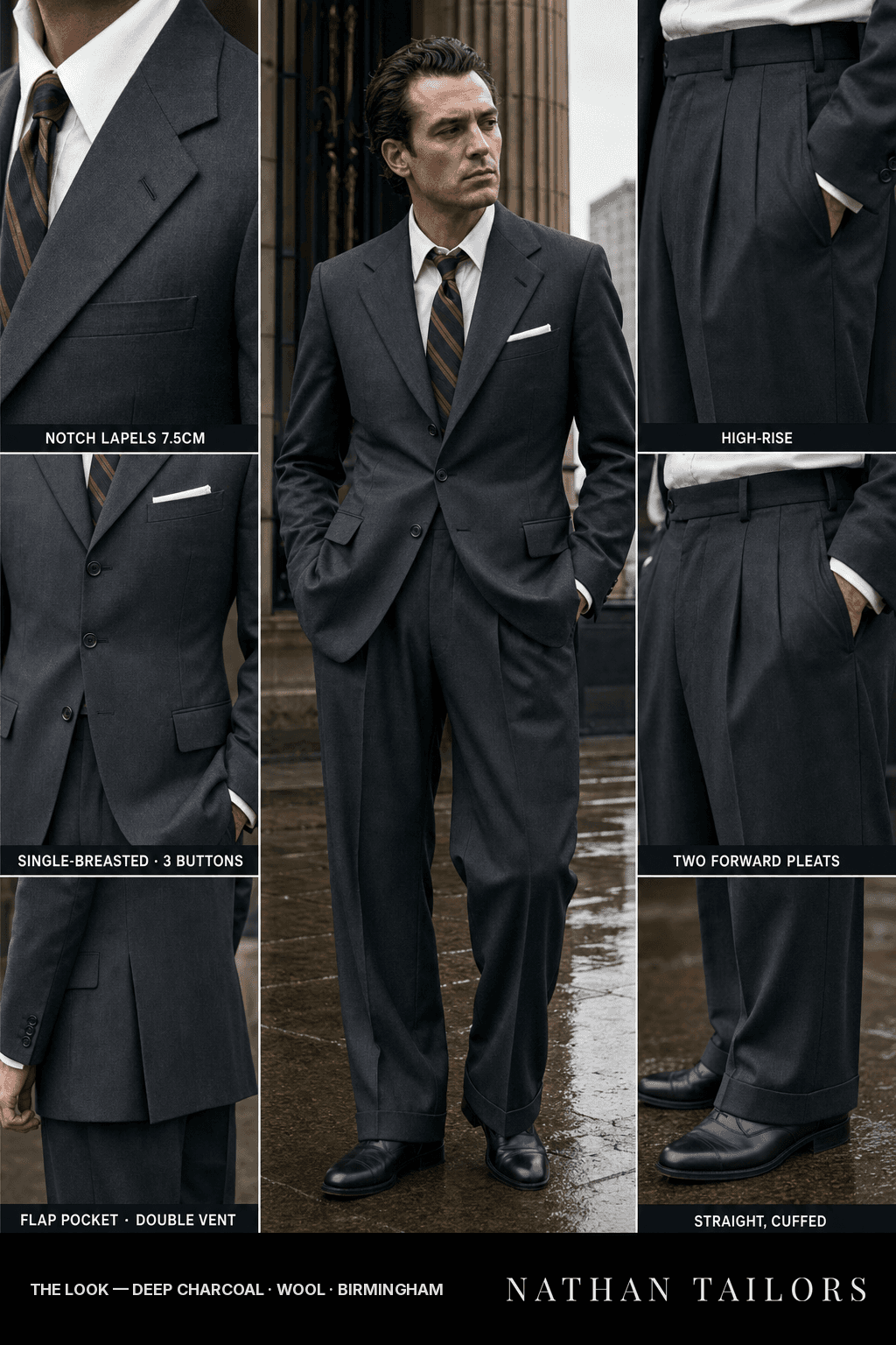 deep charcoal single-breasted bespoke suit — custom tailored by Nathan Tailors, the Hoi An custom tailor