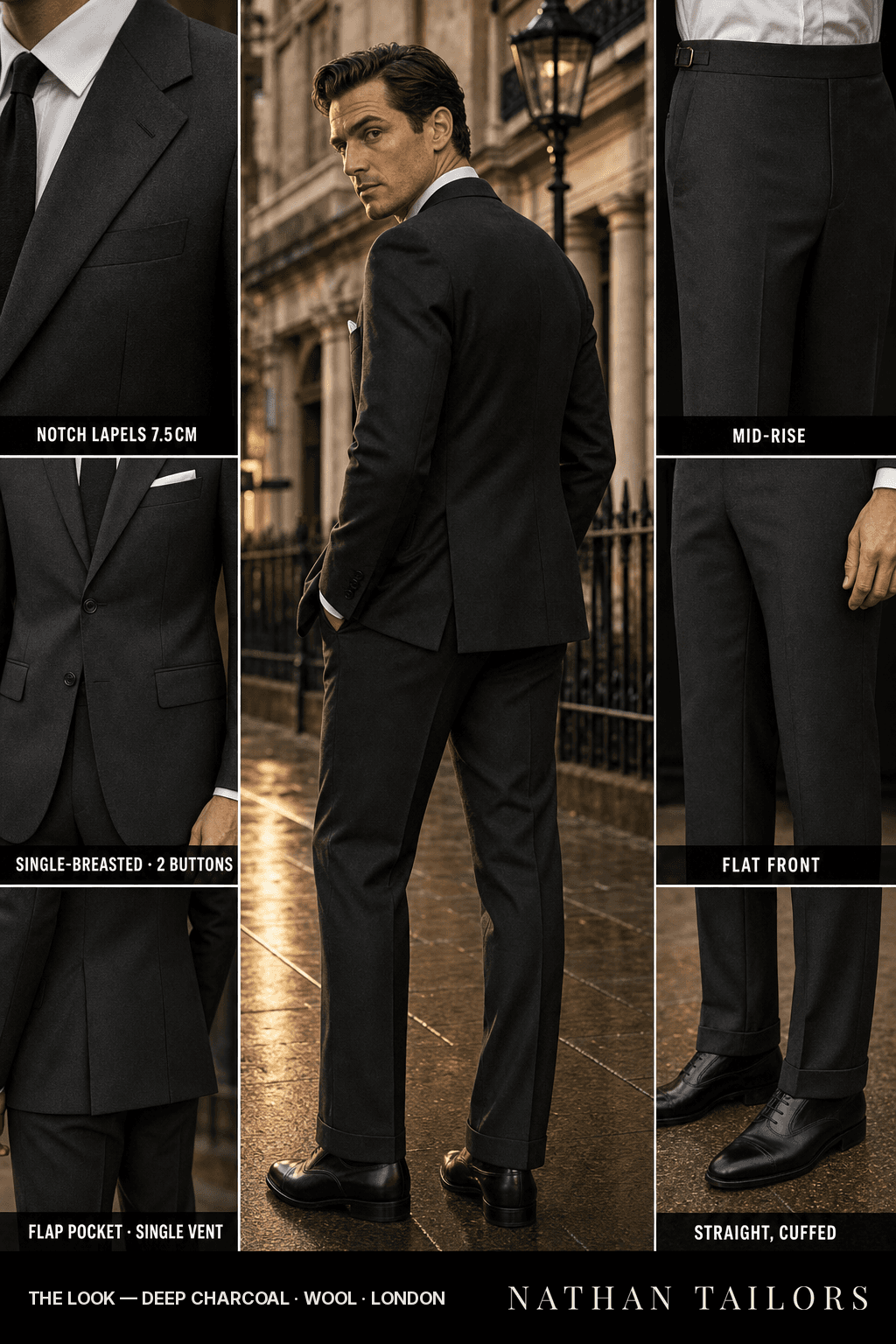 deep charcoal single-breasted bespoke suit — custom tailored by Nathan Tailors, the Hoi An custom tailor
