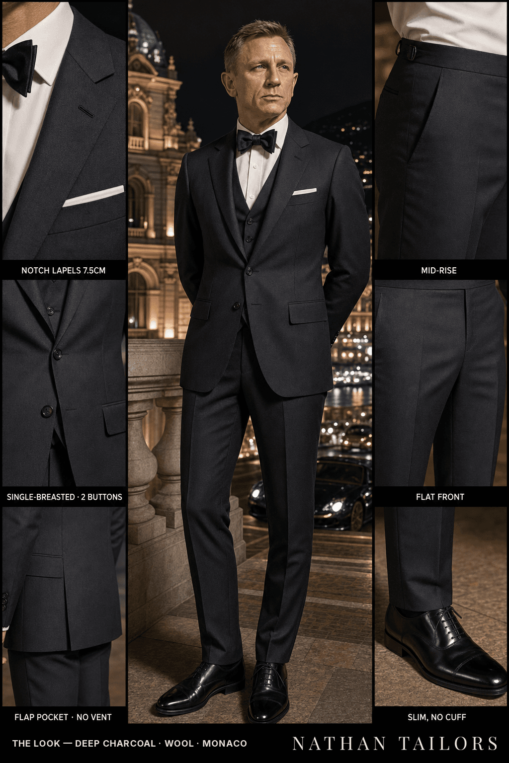 deep charcoal single-breasted notch-lapel bespoke suit — AI-rendered by Nathan Tailors, the Hoi An custom tailor. Available as a custom tailored suit from $149.