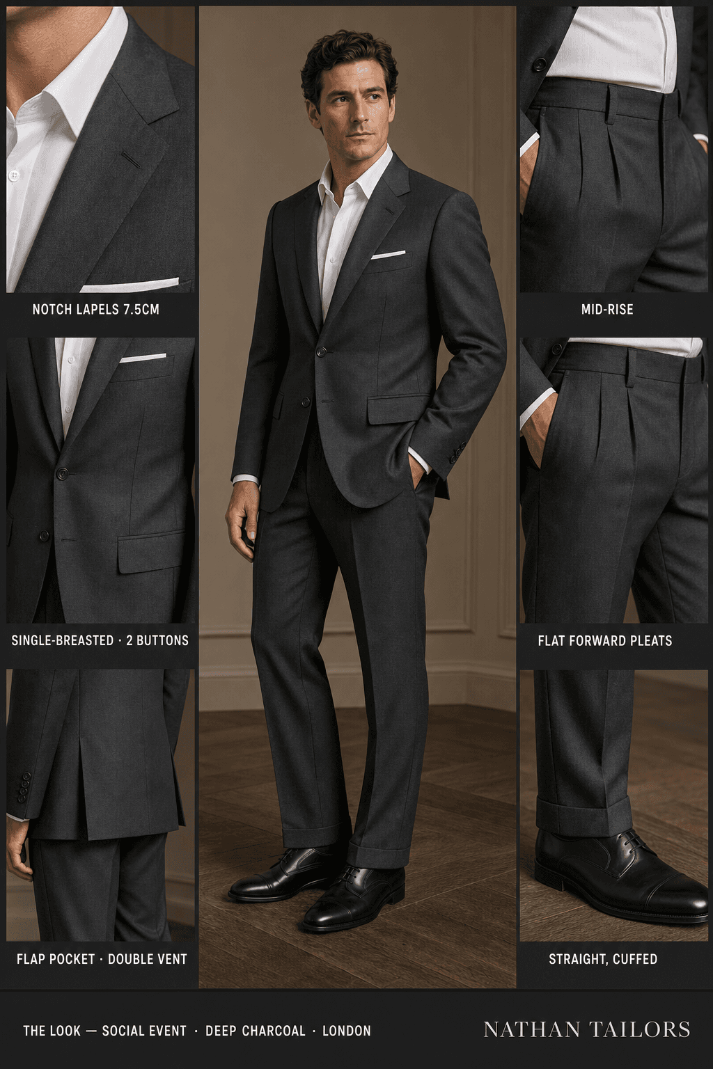 deep charcoal single-breasted notch-lapel bespoke suit — AI-rendered by Nathan Tailors, the Hoi An custom tailor. Available as a custom tailored suit from $129.
