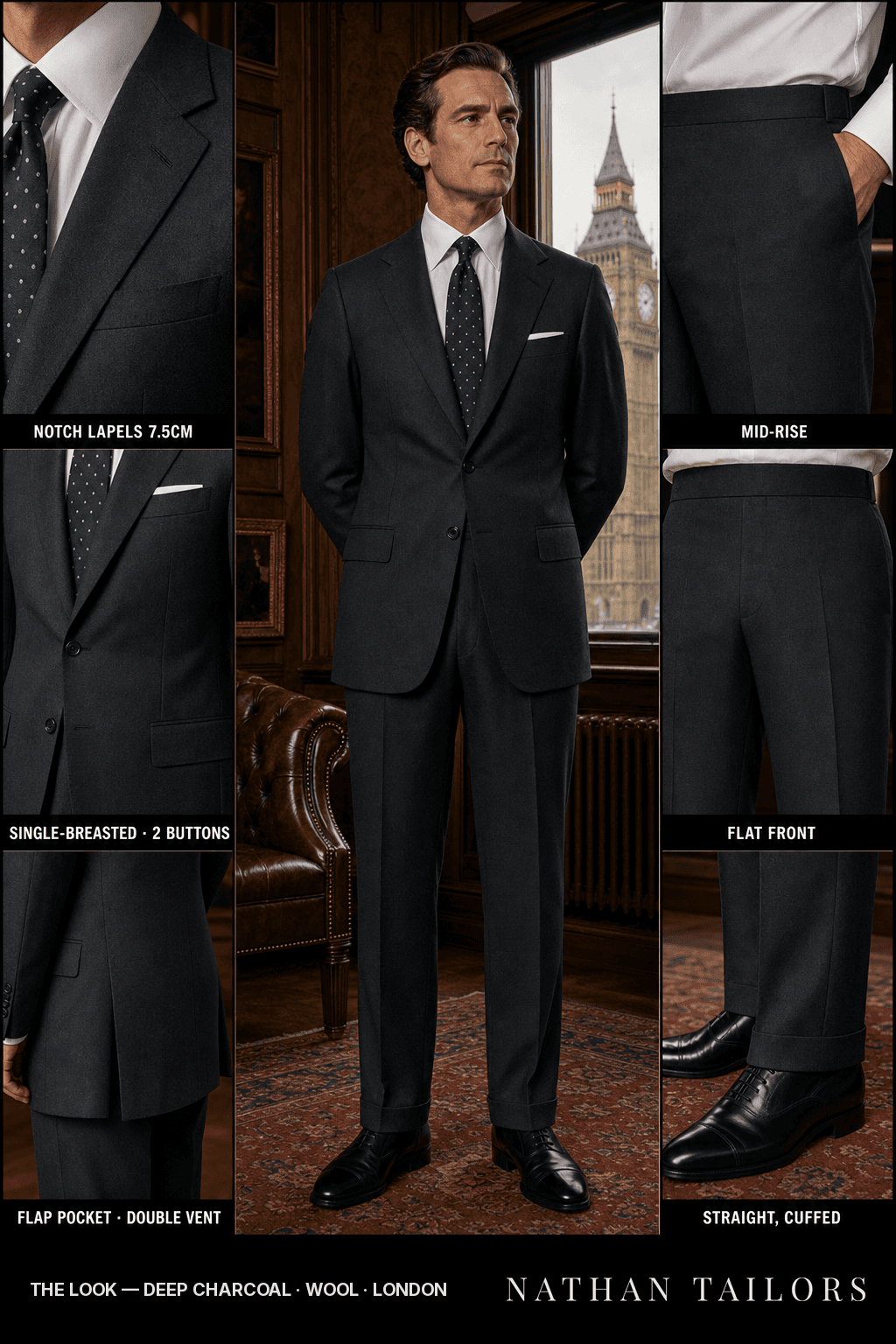 deep charcoal single-breasted bespoke suit — custom tailored by Nathan Tailors, the Hoi An custom tailor
