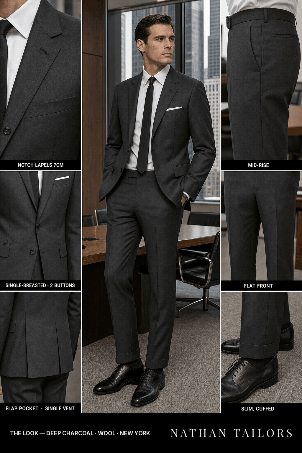 deep charcoal single-breasted notch-lapel bespoke suit — AI-rendered by Nathan Tailors, the Hoi An custom tailor. Available as a custom tailored suit from $149.