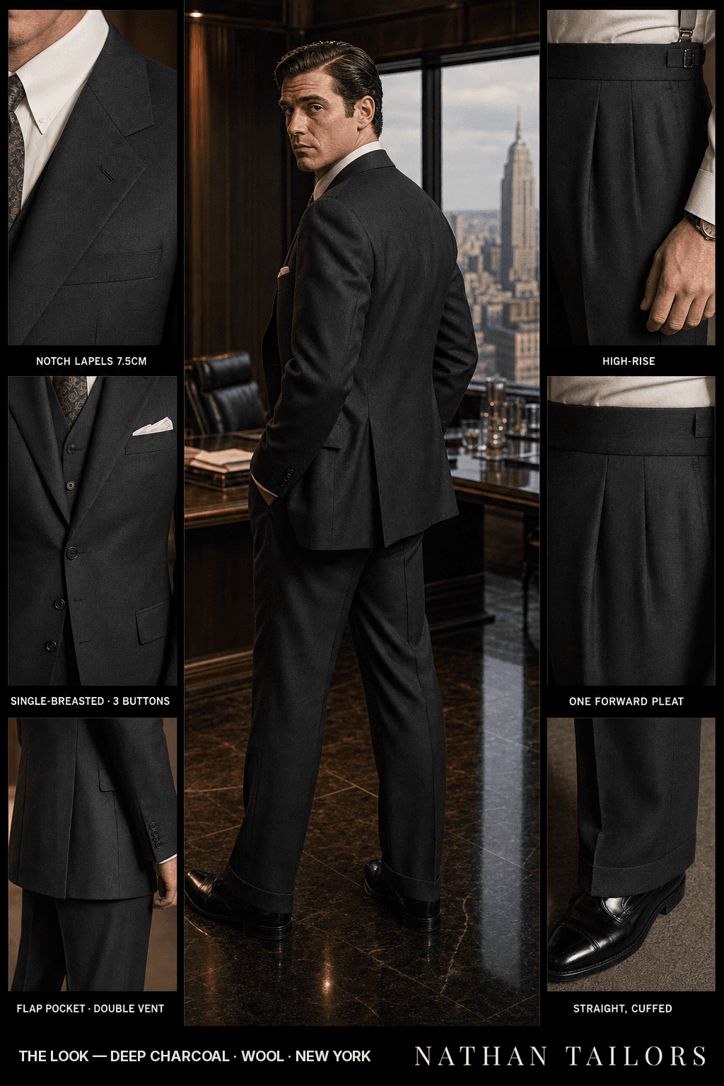deep charcoal single-breasted bespoke suit — custom tailored by Nathan Tailors, the Hoi An custom tailor