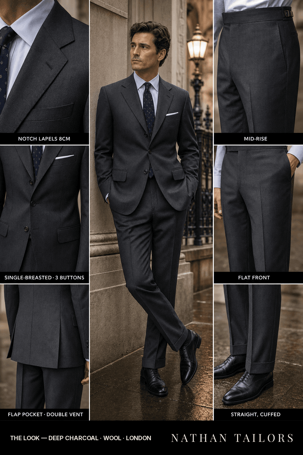 deep charcoal single-breasted bespoke suit — custom tailored by Nathan Tailors, the Hoi An custom tailor