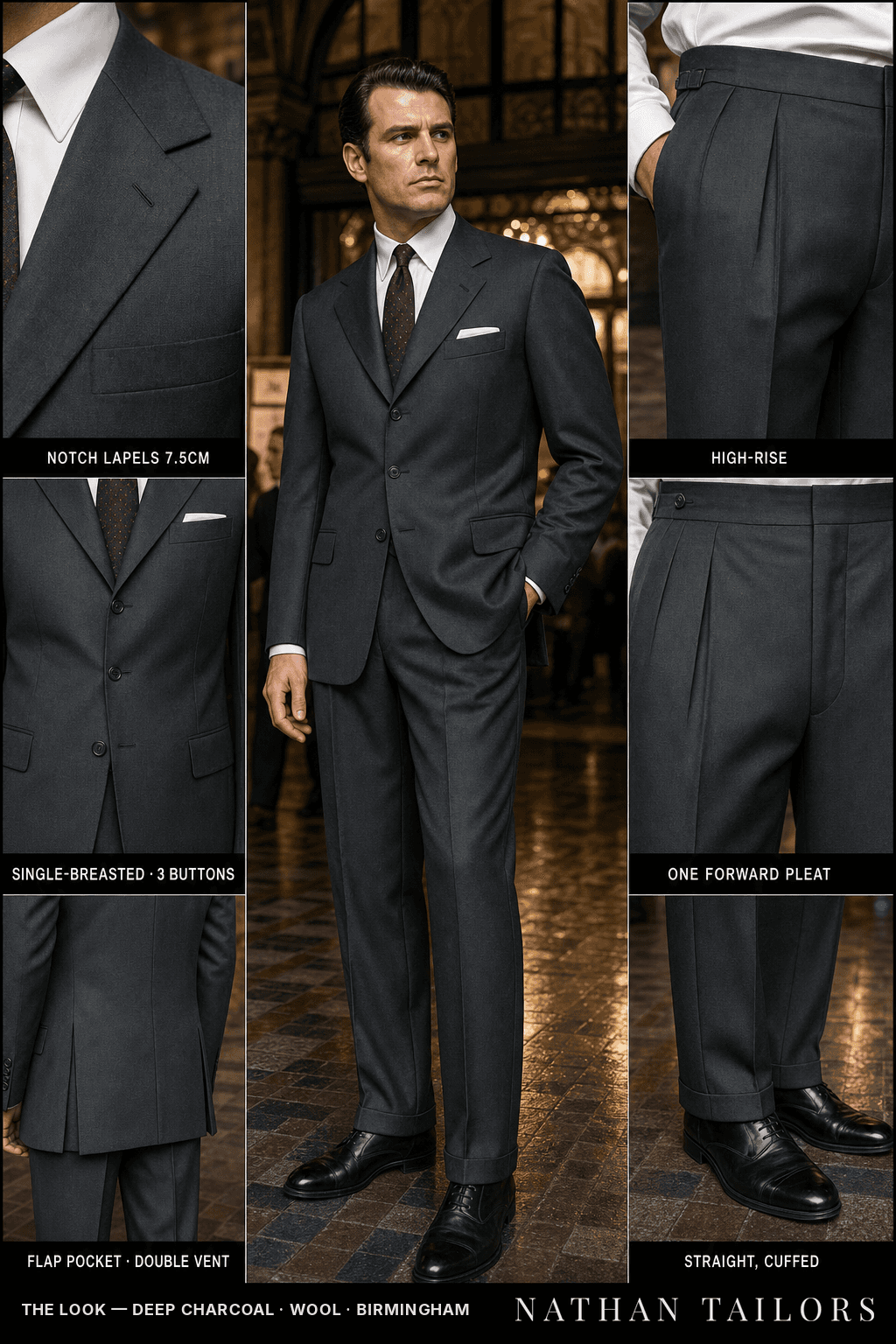deep charcoal single-breasted bespoke suit — custom tailored by Nathan Tailors, the Hoi An custom tailor