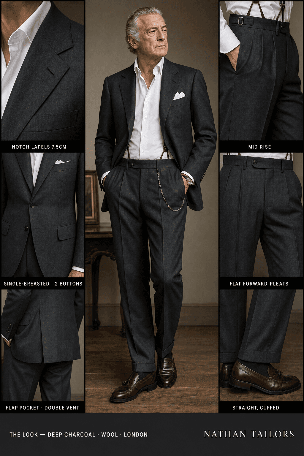deep charcoal single-breasted notch-lapel bespoke suit — AI-rendered by Nathan Tailors, the Hoi An custom tailor. Available as a custom tailored suit from $149.