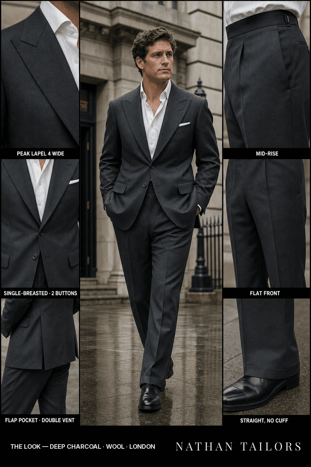 deep charcoal single-breasted bespoke suit — custom tailored by Nathan Tailors, the Hoi An custom tailor