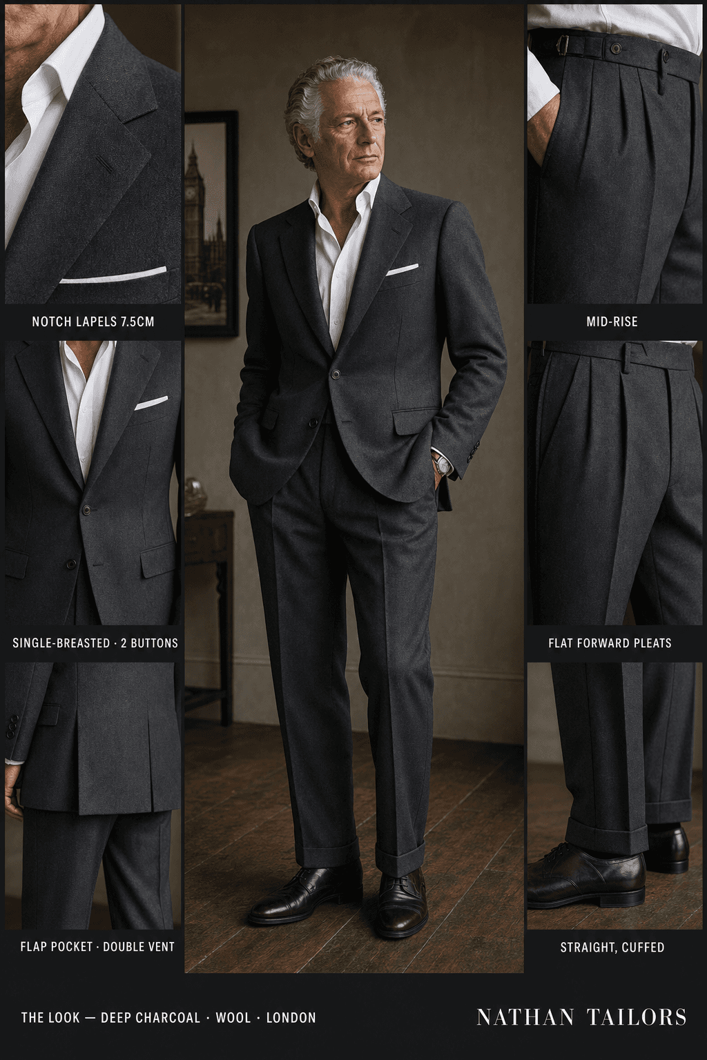 deep charcoal single-breasted bespoke suit — custom tailored by Nathan Tailors, the Hoi An custom tailor