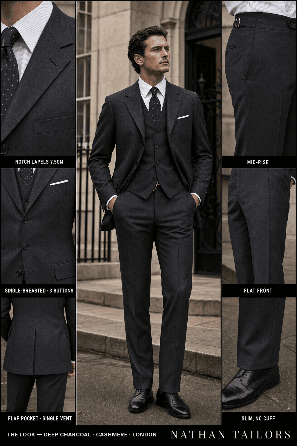 deep charcoal single-breasted bespoke suit — custom tailored by Nathan Tailors, the Hoi An custom tailor