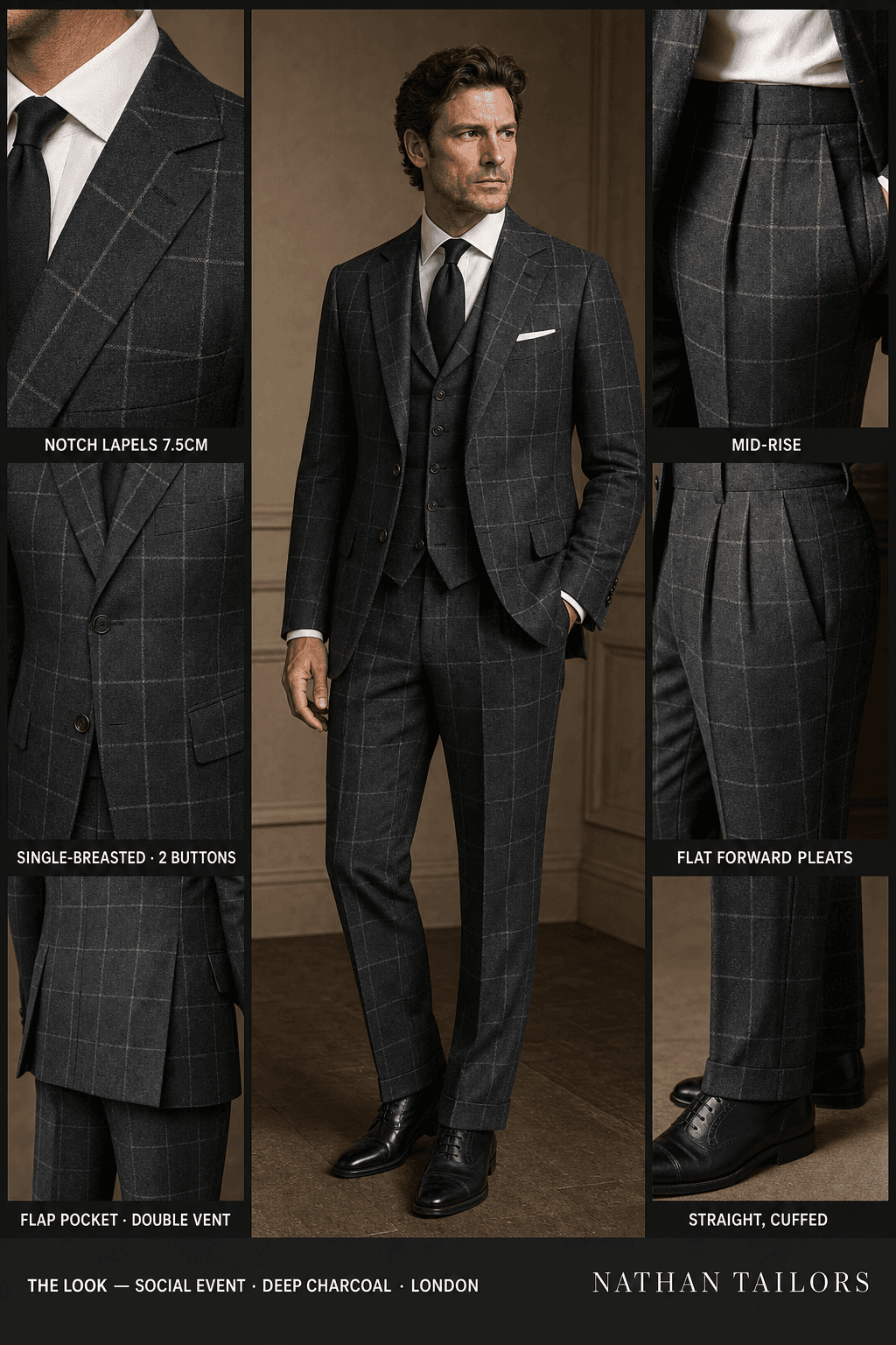 deep charcoal single-breasted bespoke suit — custom tailored by Nathan Tailors, the Hoi An custom tailor