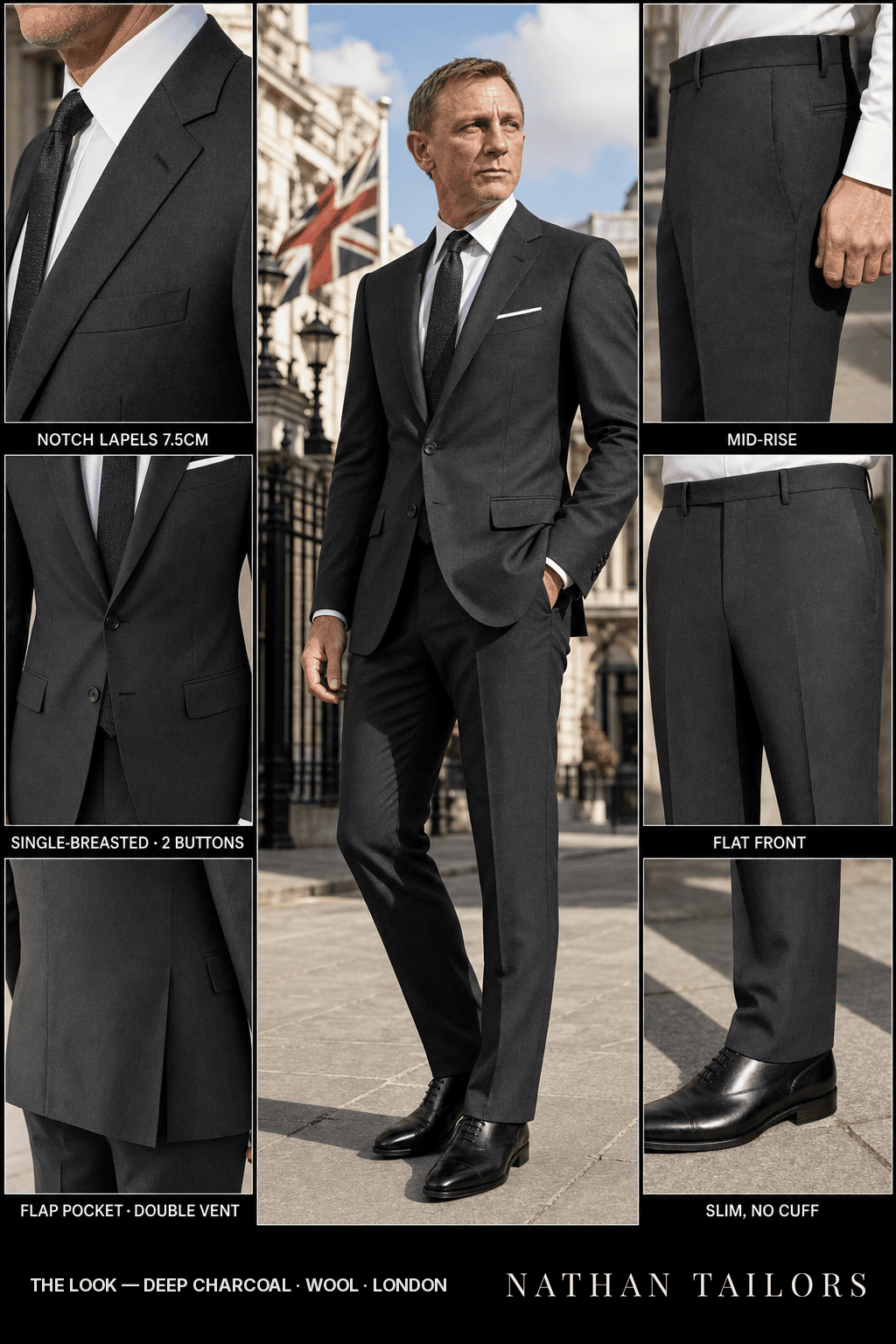 deep charcoal single-breasted notch-lapel bespoke suit — AI-rendered by Nathan Tailors, the Hoi An custom tailor. Available as a custom tailored suit from $149.