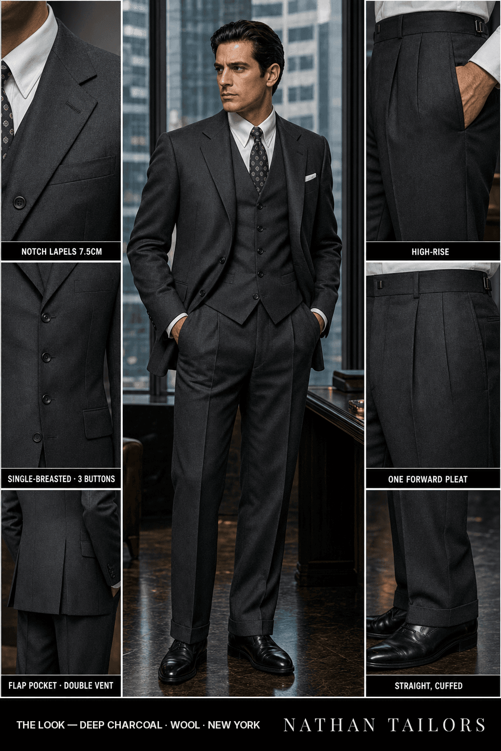 deep charcoal single-breasted bespoke suit — custom tailored by Nathan Tailors, the Hoi An custom tailor