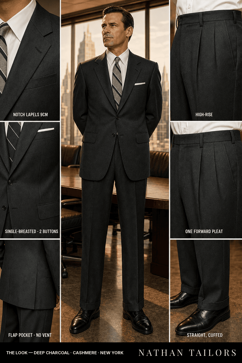 deep charcoal single-breasted notch-lapel bespoke suit — AI-rendered by Nathan Tailors, the Hoi An custom tailor. Available as a custom tailored suit from $149.