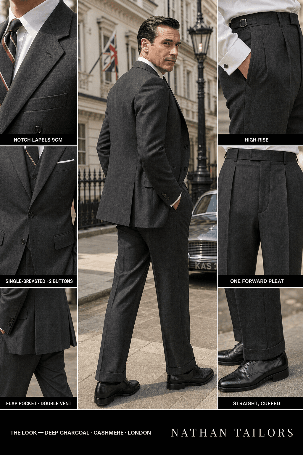 deep charcoal single-breasted bespoke suit — custom tailored by Nathan Tailors, the Hoi An custom tailor