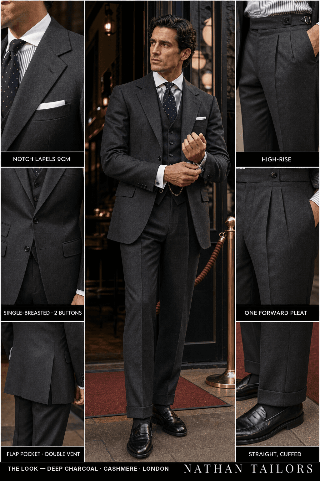 deep charcoal single-breasted bespoke suit — custom tailored by Nathan Tailors, the Hoi An custom tailor