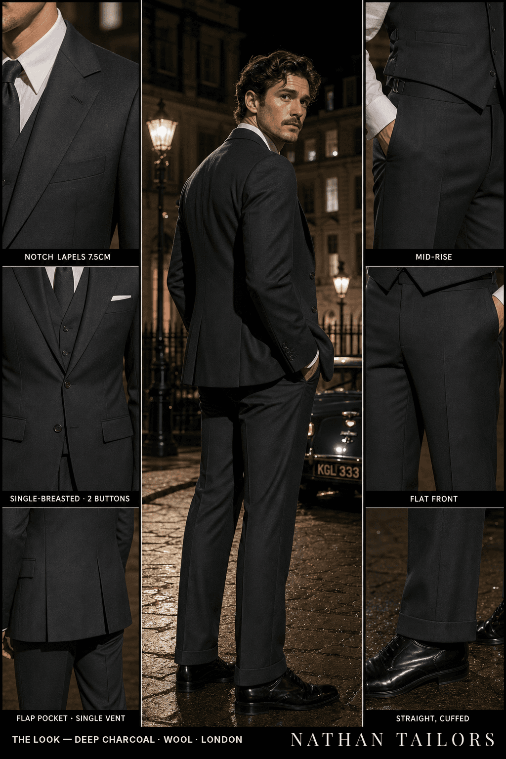 deep charcoal single-breasted bespoke suit — custom tailored by Nathan Tailors, the Hoi An custom tailor