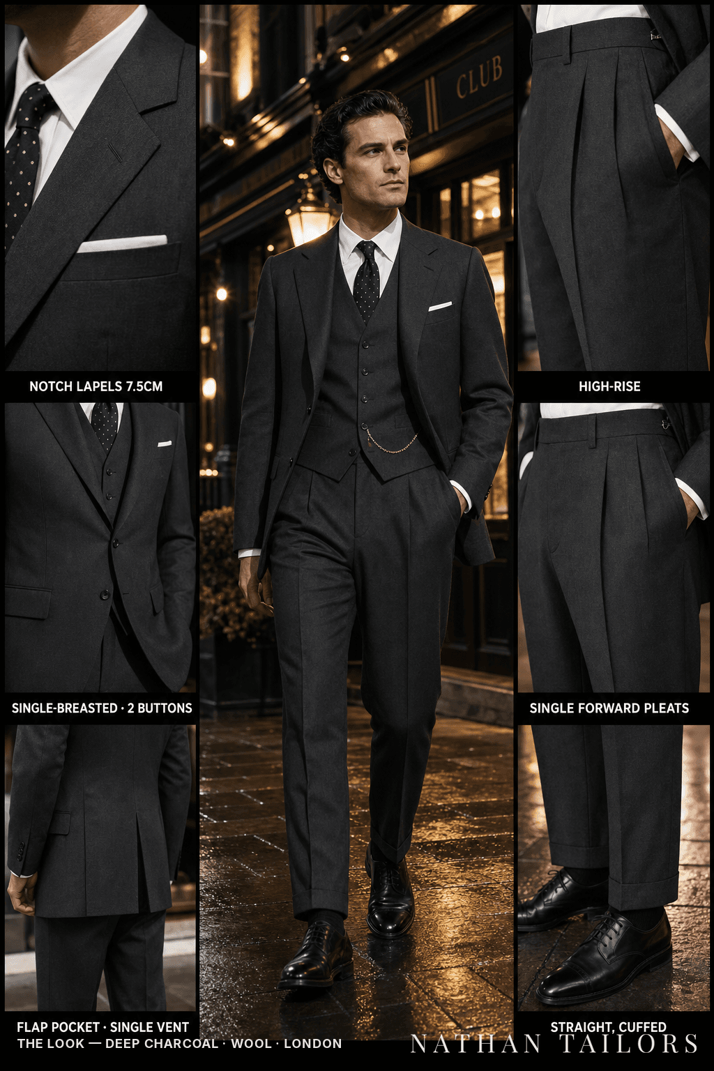 deep charcoal single-breasted bespoke suit — custom tailored by Nathan Tailors, the Hoi An custom tailor