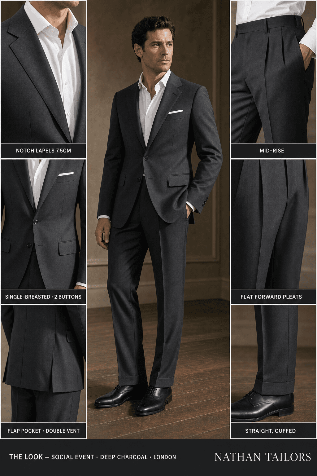 deep charcoal single-breasted notch-lapel bespoke suit — AI-rendered by Nathan Tailors, the Hoi An custom tailor. Available as a custom tailored suit from $129.