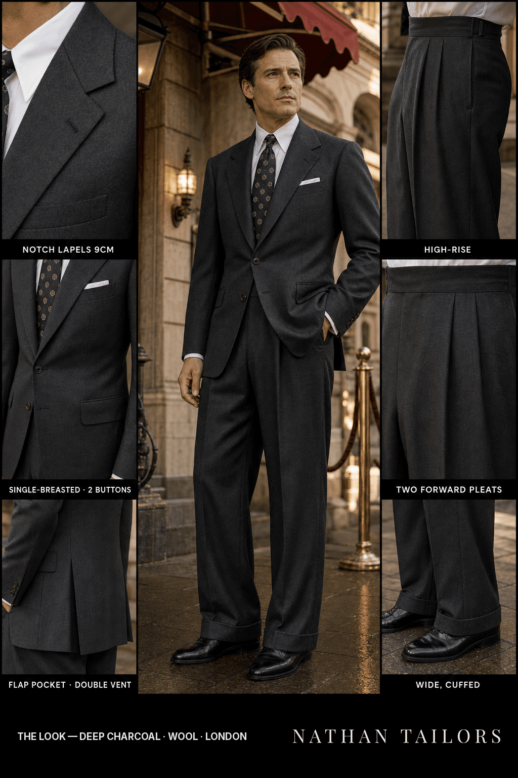 deep charcoal single-breasted notch-lapel bespoke suit — AI-rendered by Nathan Tailors, the Hoi An custom tailor. Available as a custom tailored suit from $149.