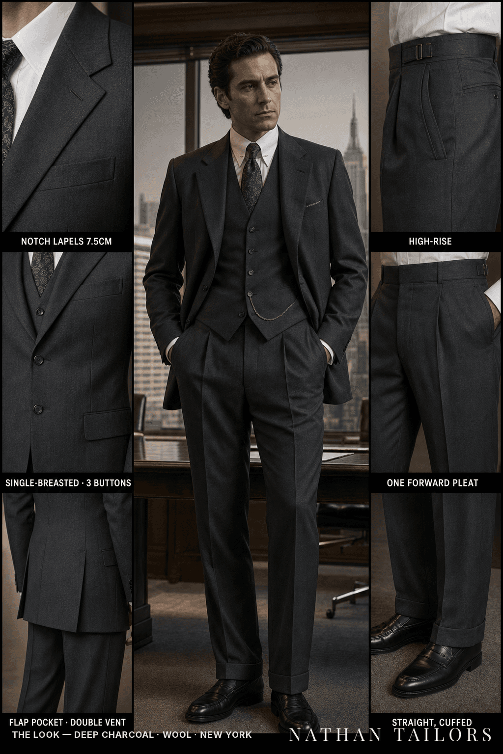 deep charcoal single-breasted bespoke suit — custom tailored by Nathan Tailors, the Hoi An custom tailor