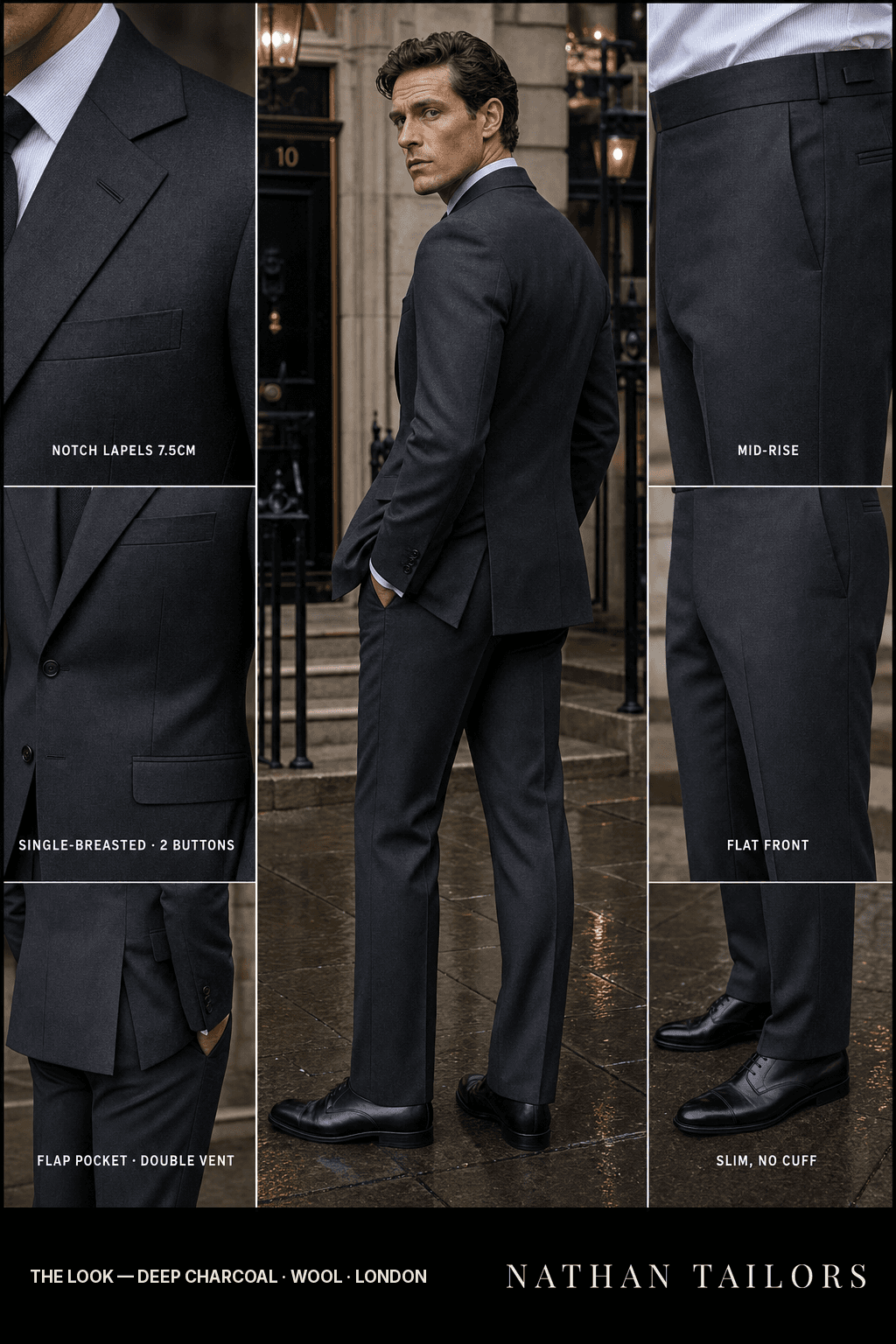 deep charcoal single-breasted bespoke suit — custom tailored by Nathan Tailors, the Hoi An custom tailor
