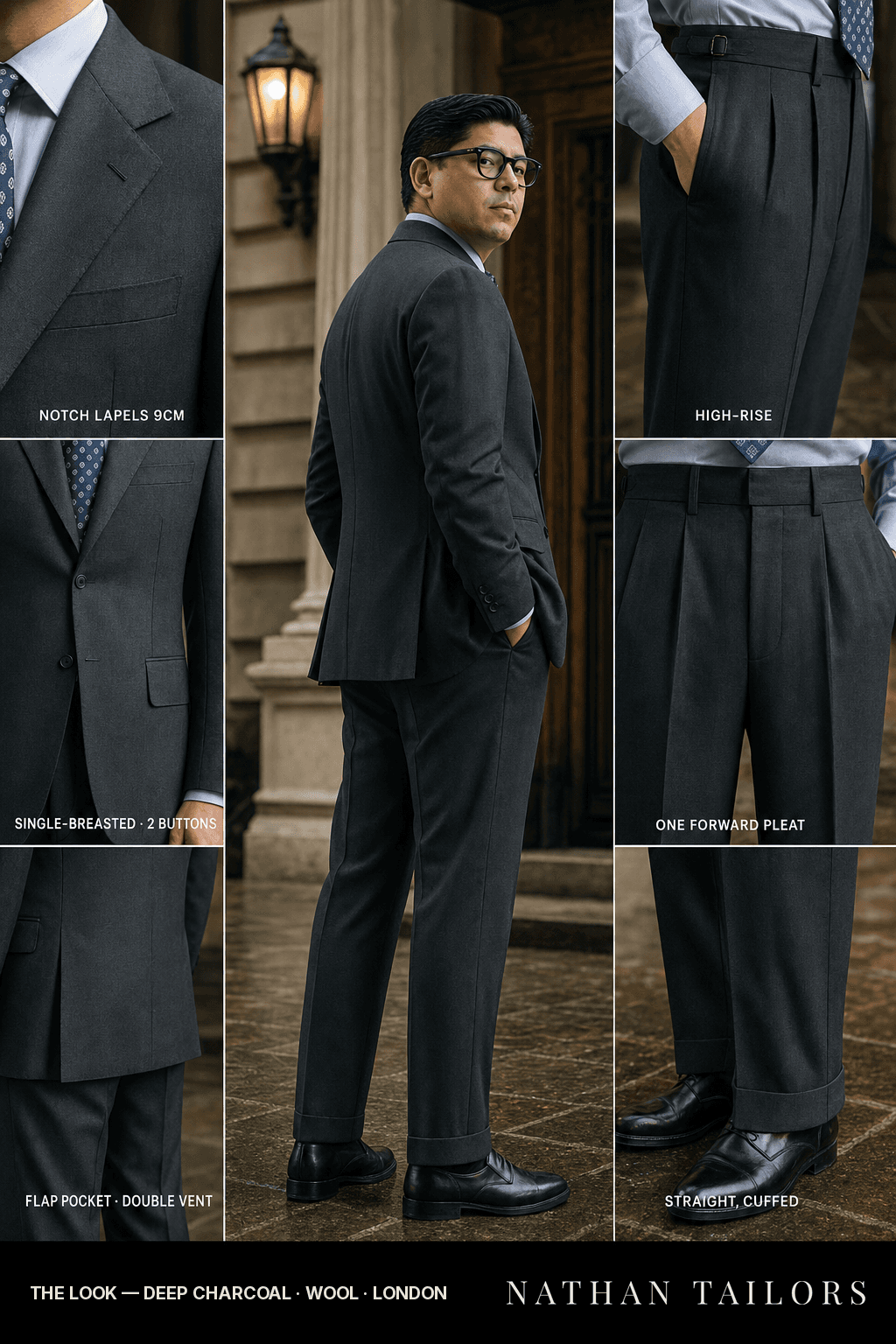 deep charcoal single-breasted bespoke suit — custom tailored by Nathan Tailors, the Hoi An custom tailor