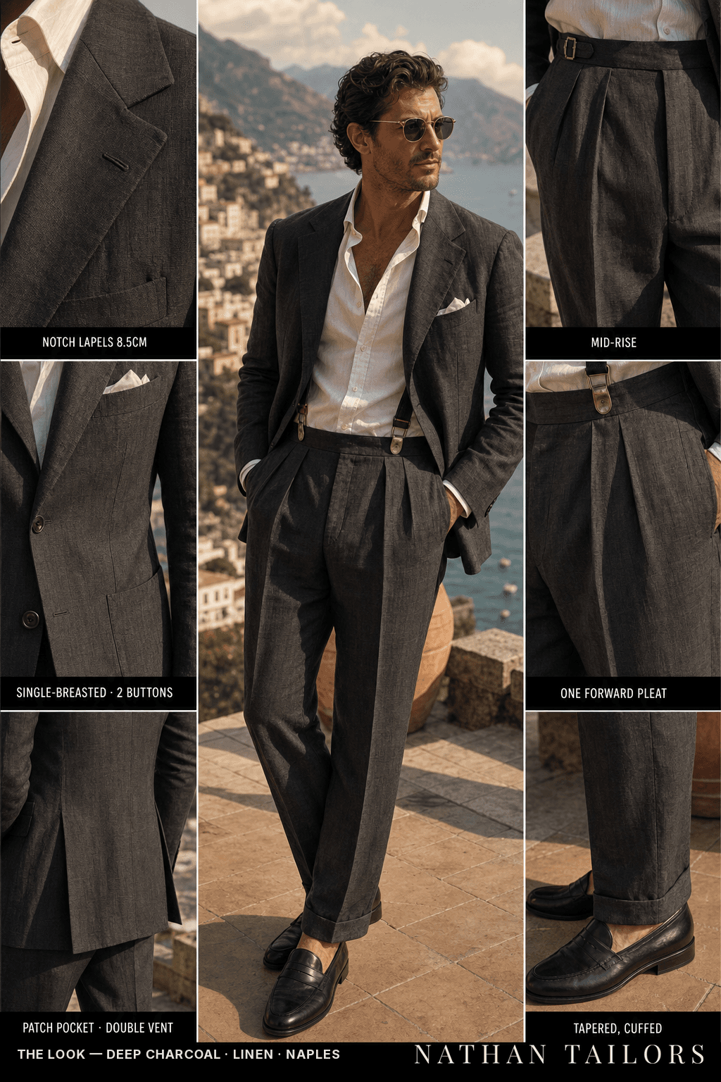 deep charcoal single-breasted bespoke suit — custom tailored by Nathan Tailors, the Hoi An custom tailor
