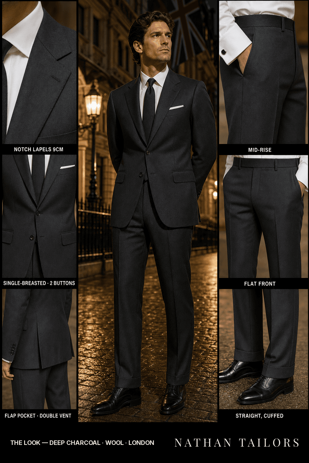 deep charcoal single-breasted bespoke suit — custom tailored by Nathan Tailors, the Hoi An custom tailor