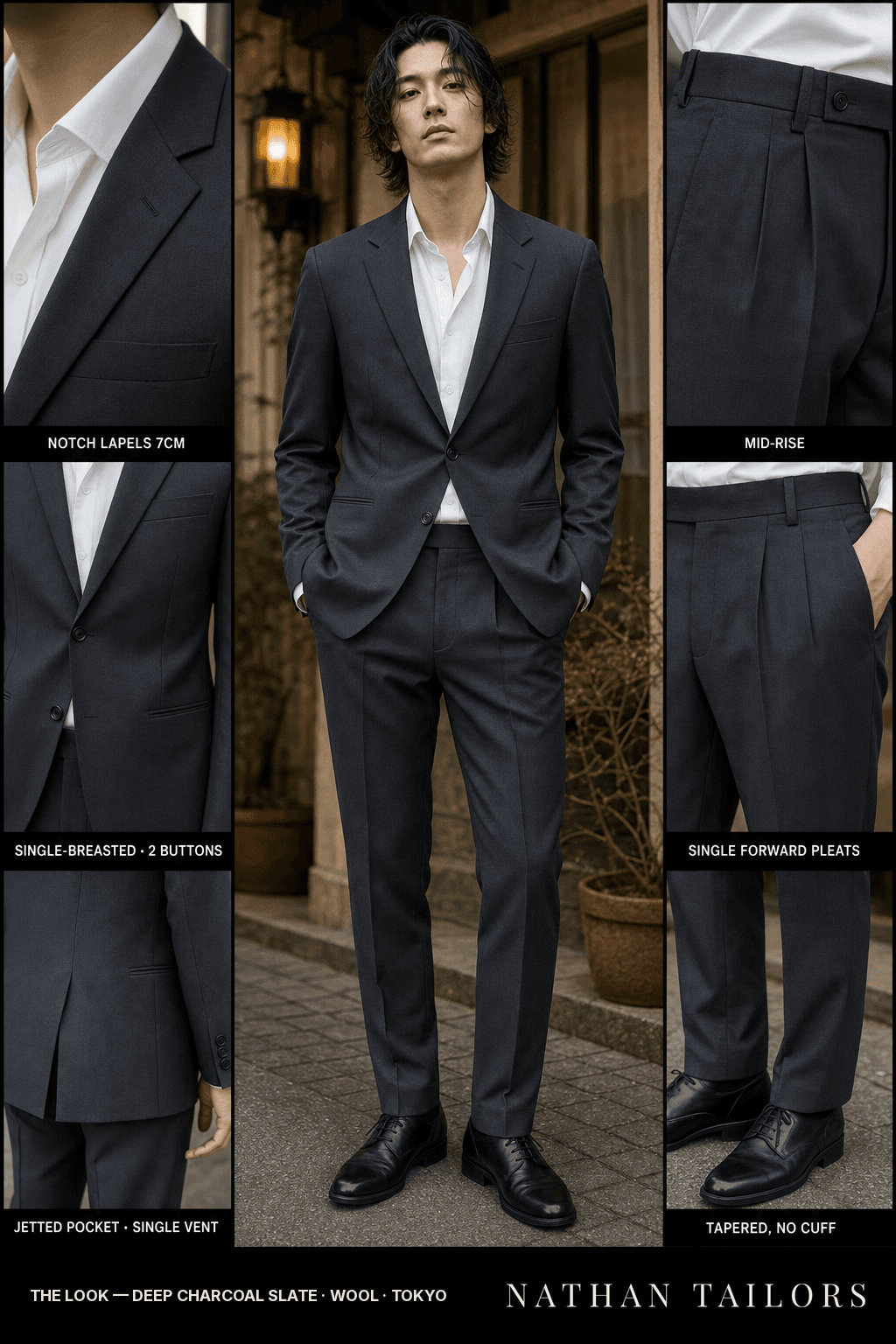 deep charcoal slate single-breasted bespoke suit — custom tailored by Nathan Tailors, the Hoi An custom tailor