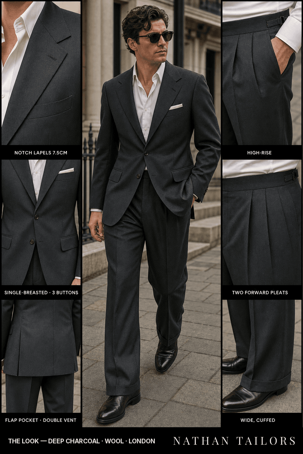 deep charcoal single-breasted bespoke suit — custom tailored by Nathan Tailors, the Hoi An custom tailor