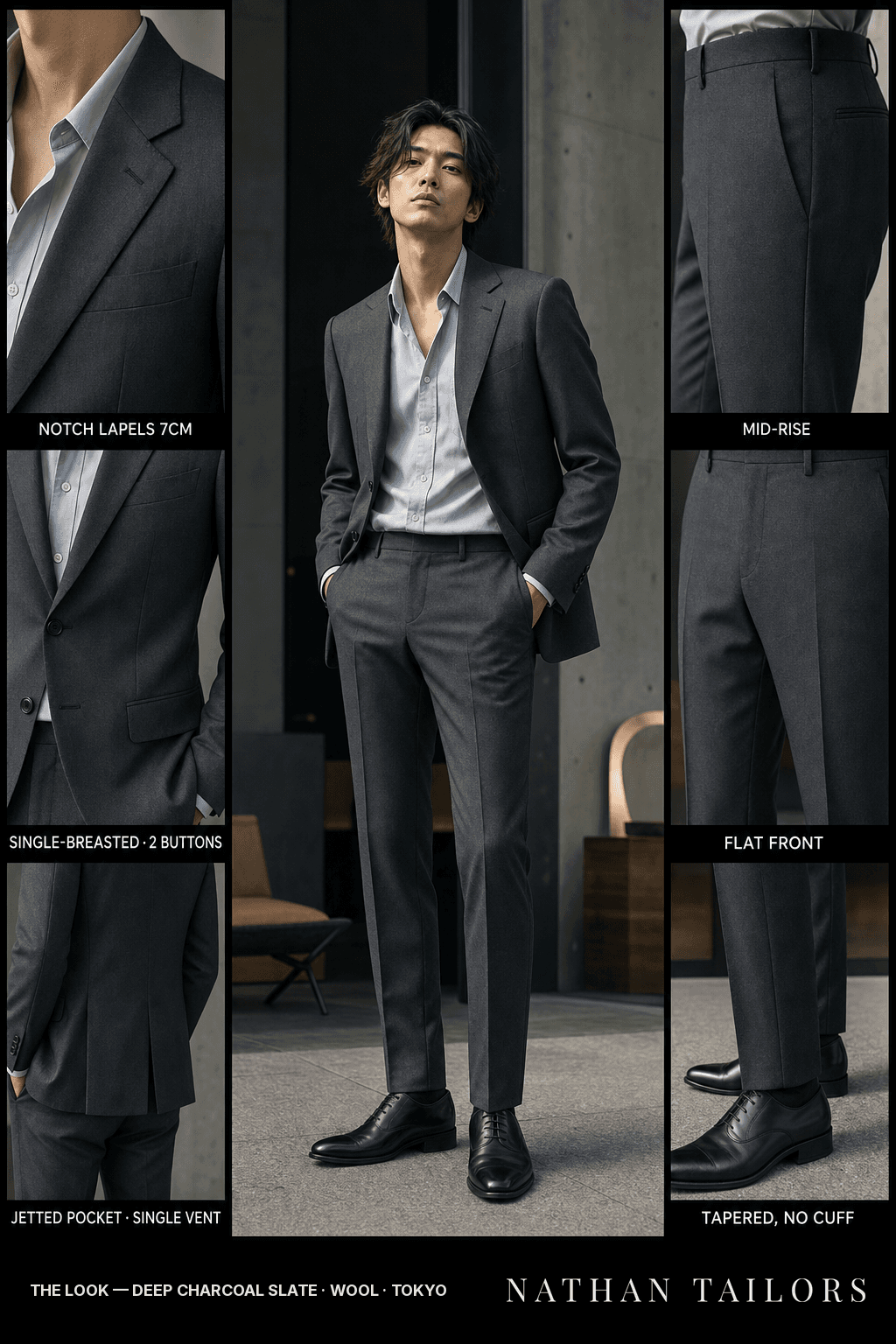 deep charcoal slate single-breasted bespoke suit — custom tailored by Nathan Tailors, the Hoi An custom tailor