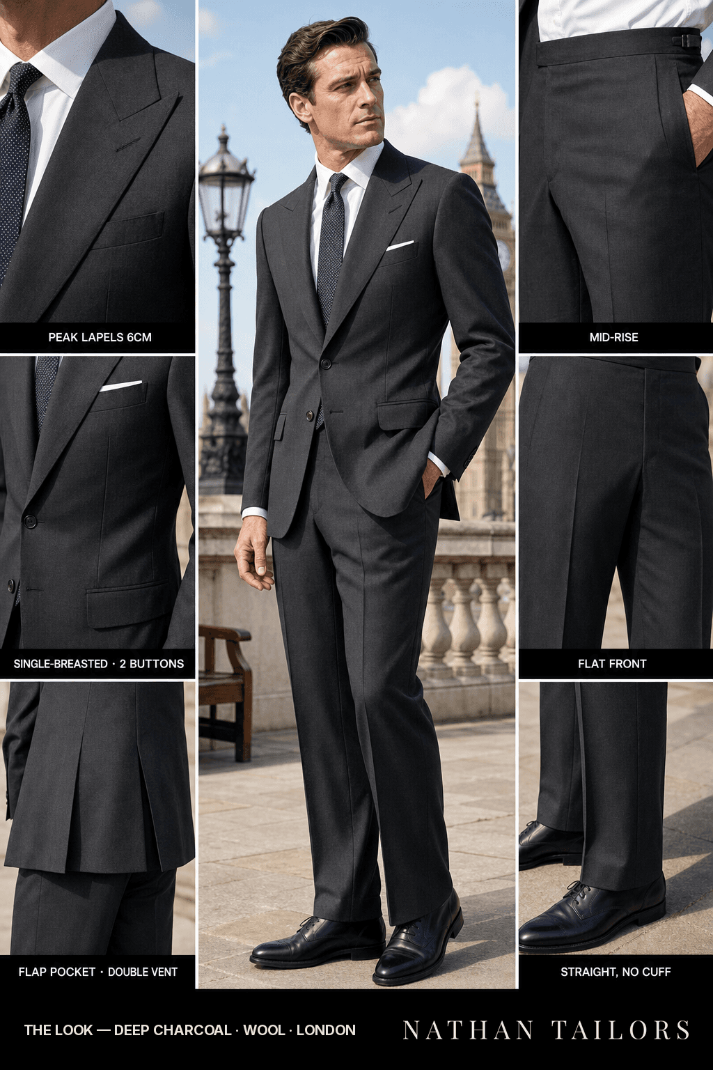 deep charcoal single-breasted bespoke suit — custom tailored by Nathan Tailors, the Hoi An custom tailor