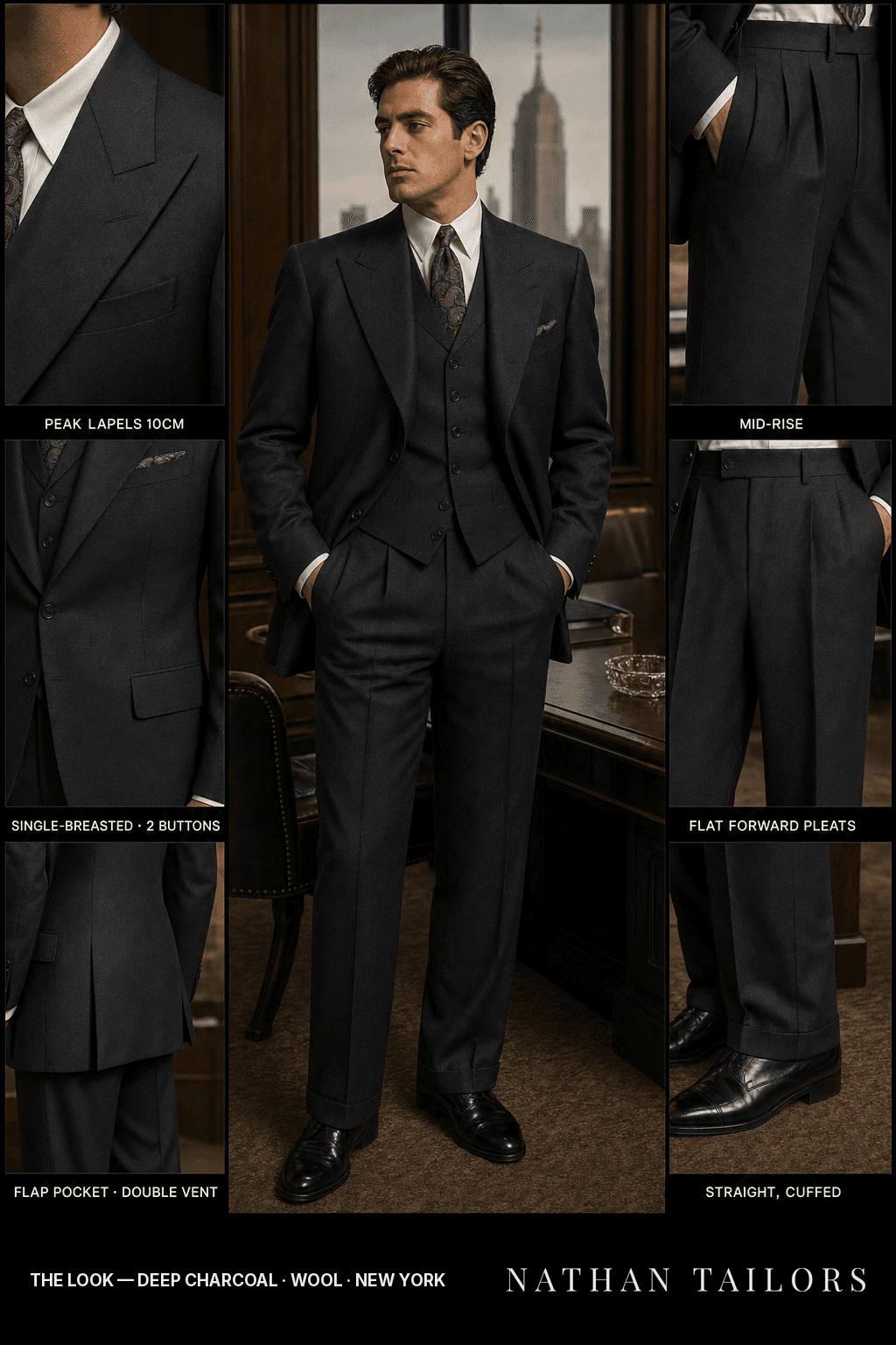 deep charcoal single-breasted bespoke suit — custom tailored by Nathan Tailors, the Hoi An custom tailor