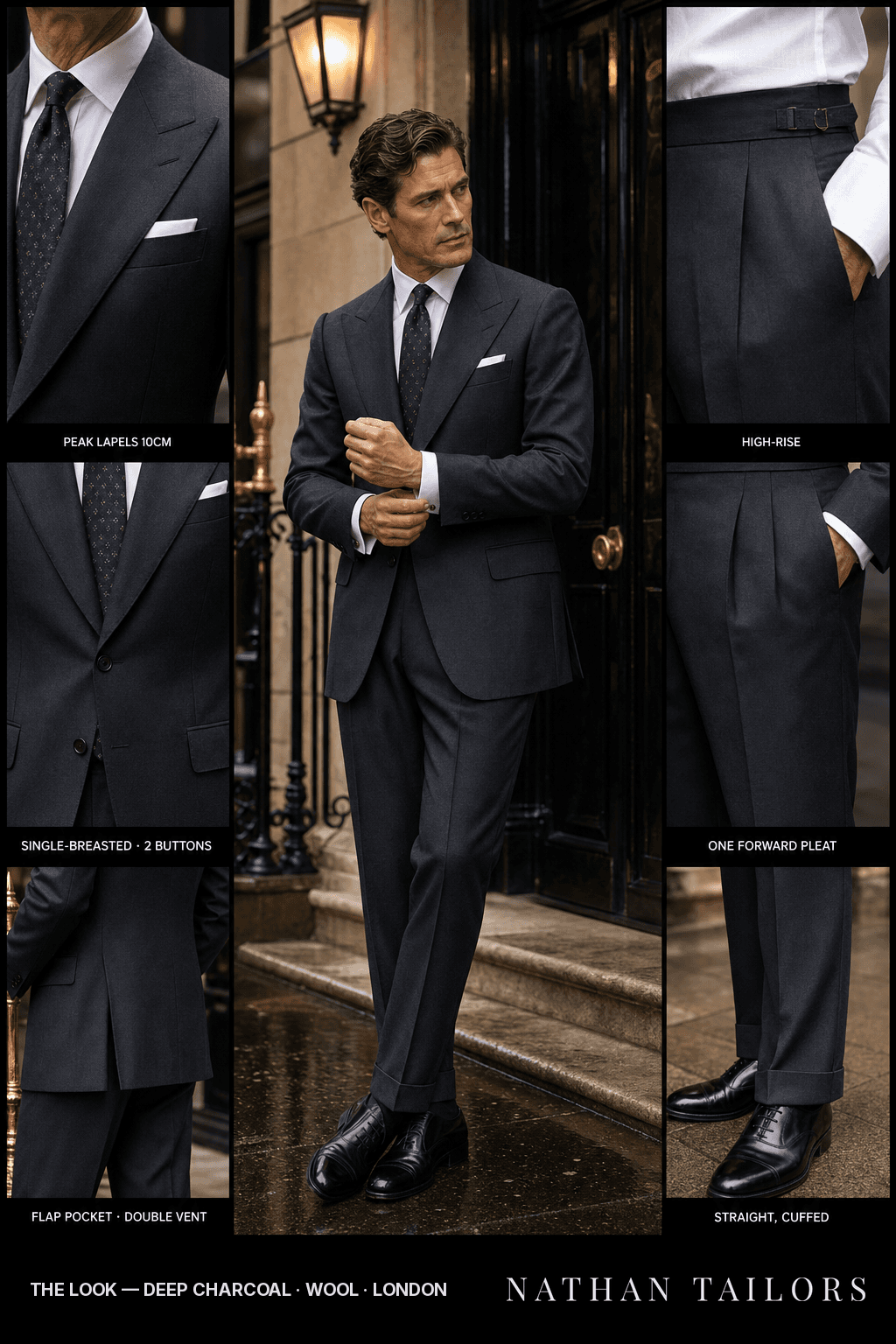 deep charcoal single-breasted bespoke suit — custom tailored by Nathan Tailors, the Hoi An custom tailor