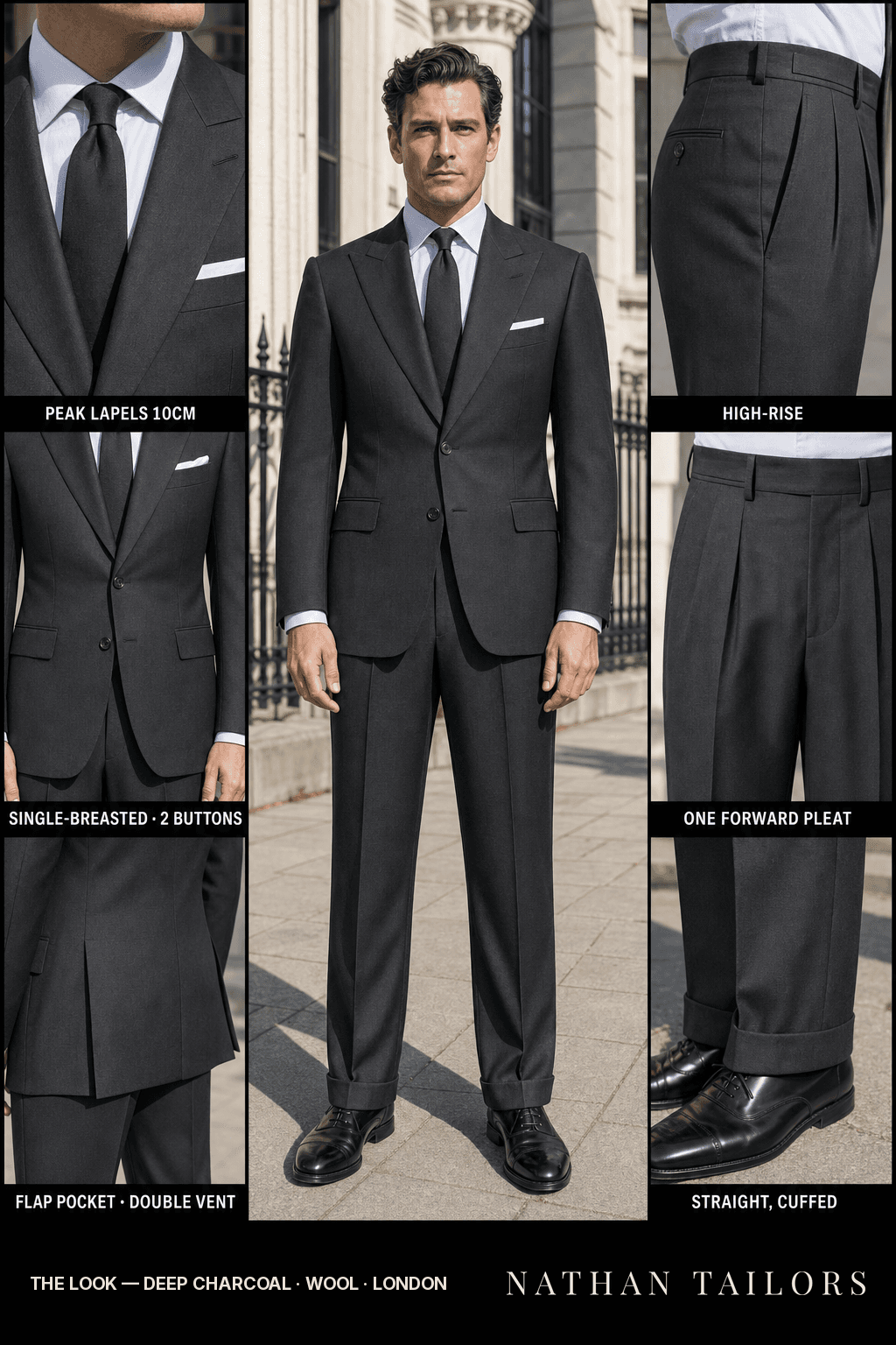 deep charcoal single-breasted bespoke suit — custom tailored by Nathan Tailors, the Hoi An custom tailor