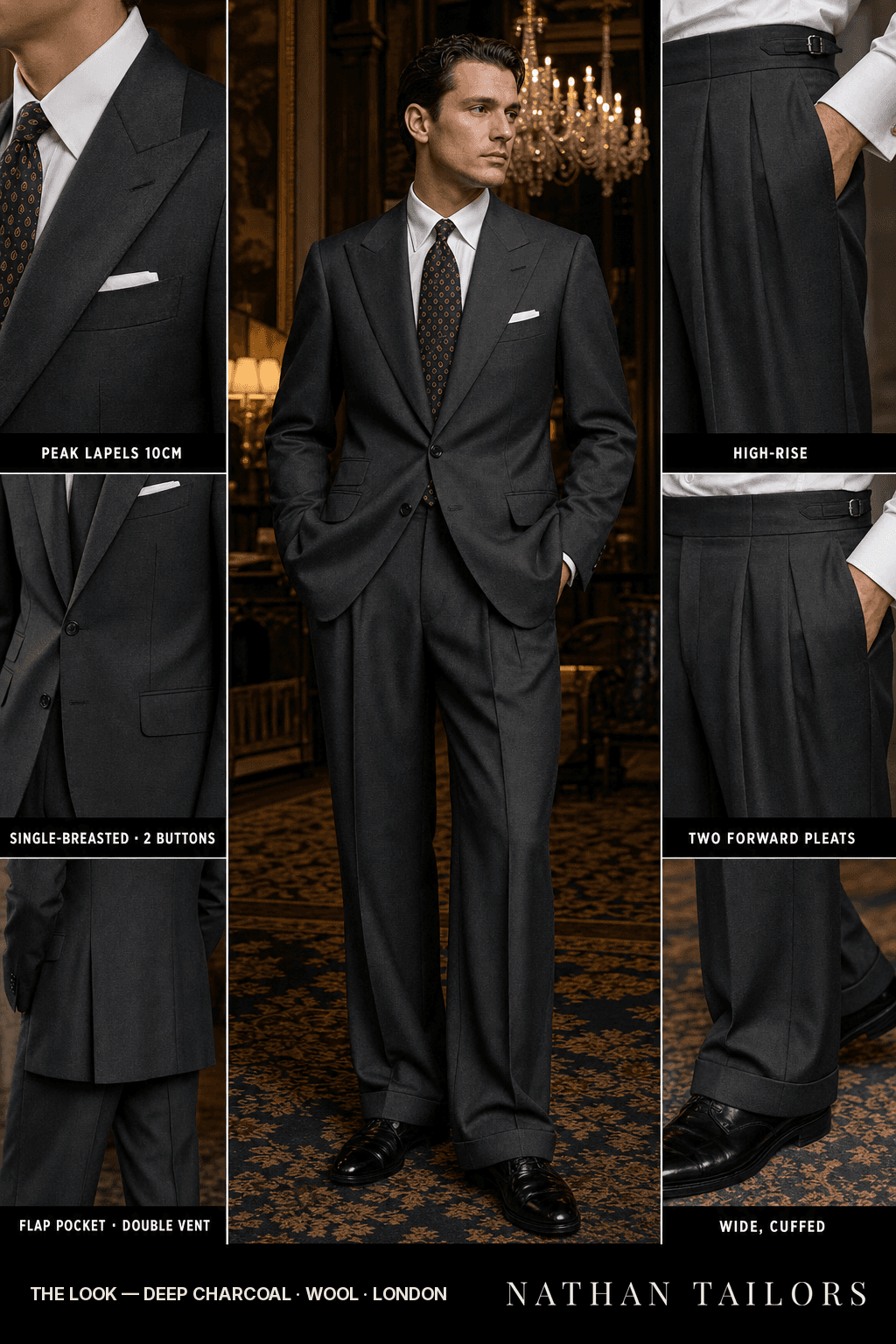 deep charcoal single-breasted bespoke suit — custom tailored by Nathan Tailors, the Hoi An custom tailor