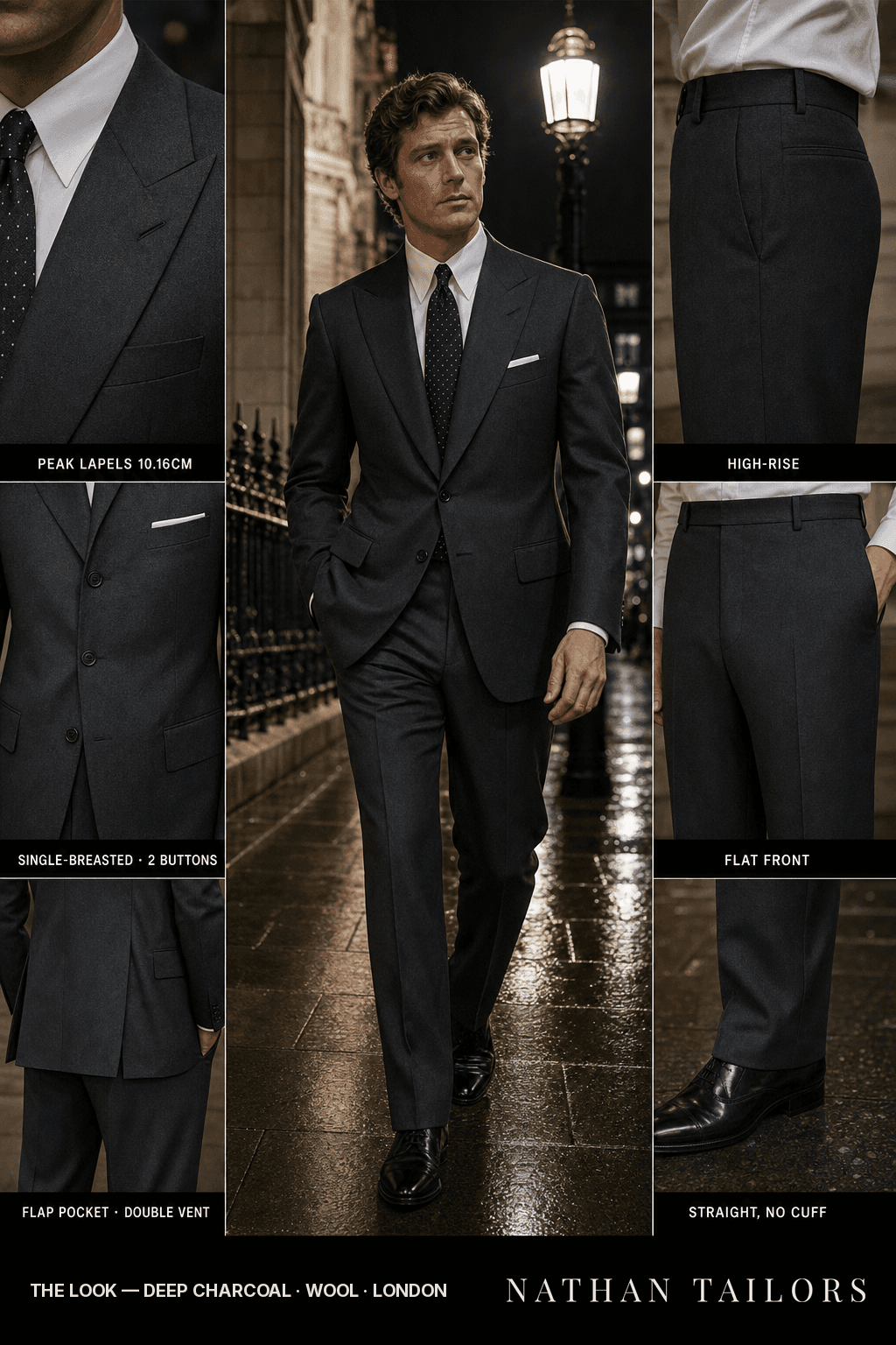 deep charcoal single-breasted bespoke suit — custom tailored by Nathan Tailors, the Hoi An custom tailor