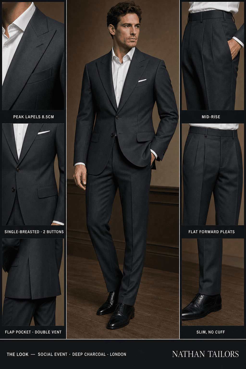 deep charcoal single-breasted peak-lapel bespoke suit — AI-rendered by Nathan Tailors, the Hoi An custom tailor. Available as a custom tailored suit from $129.