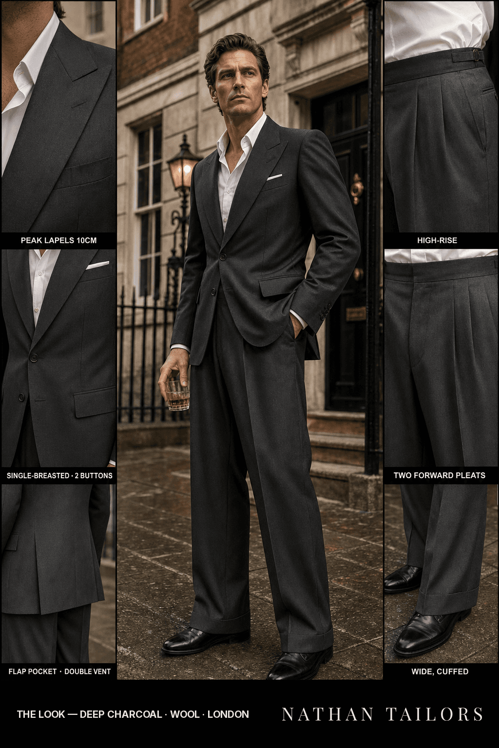 deep charcoal single-breasted bespoke suit — custom tailored by Nathan Tailors, the Hoi An custom tailor