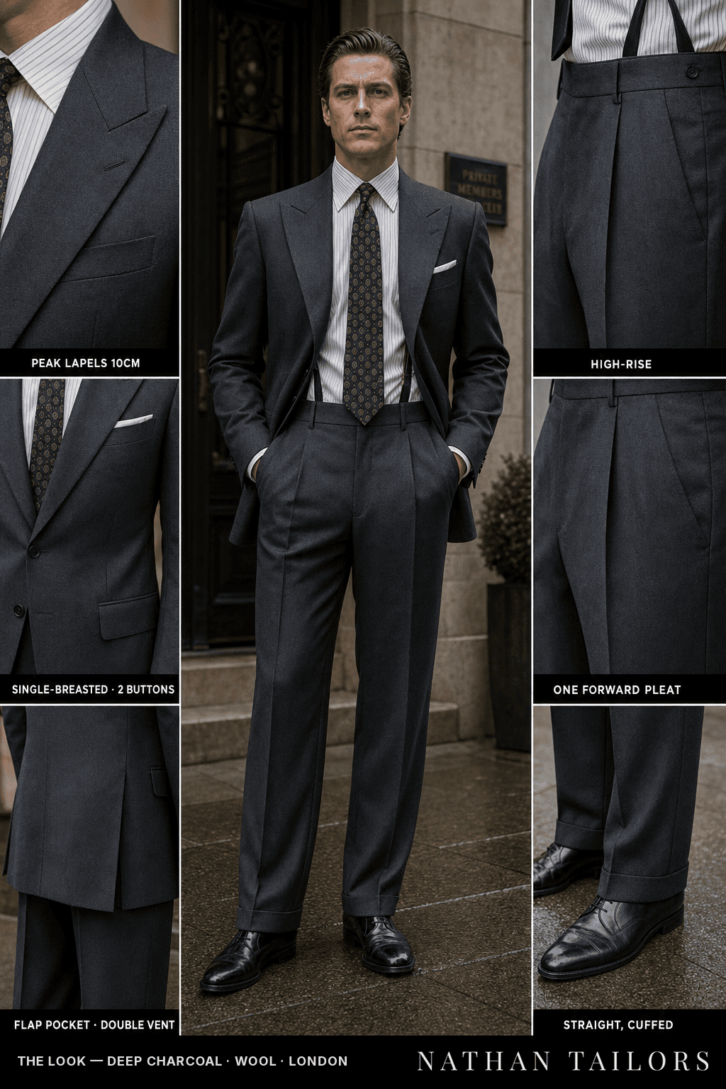 deep charcoal single-breasted bespoke suit — custom tailored by Nathan Tailors, the Hoi An custom tailor
