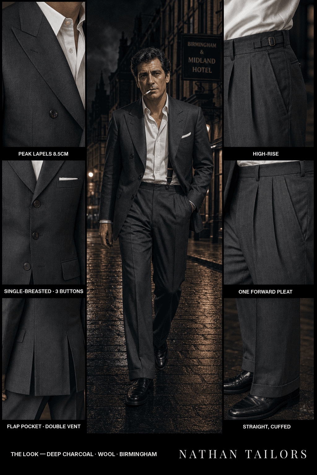 deep charcoal single-breasted bespoke suit — custom tailored by Nathan Tailors, the Hoi An custom tailor