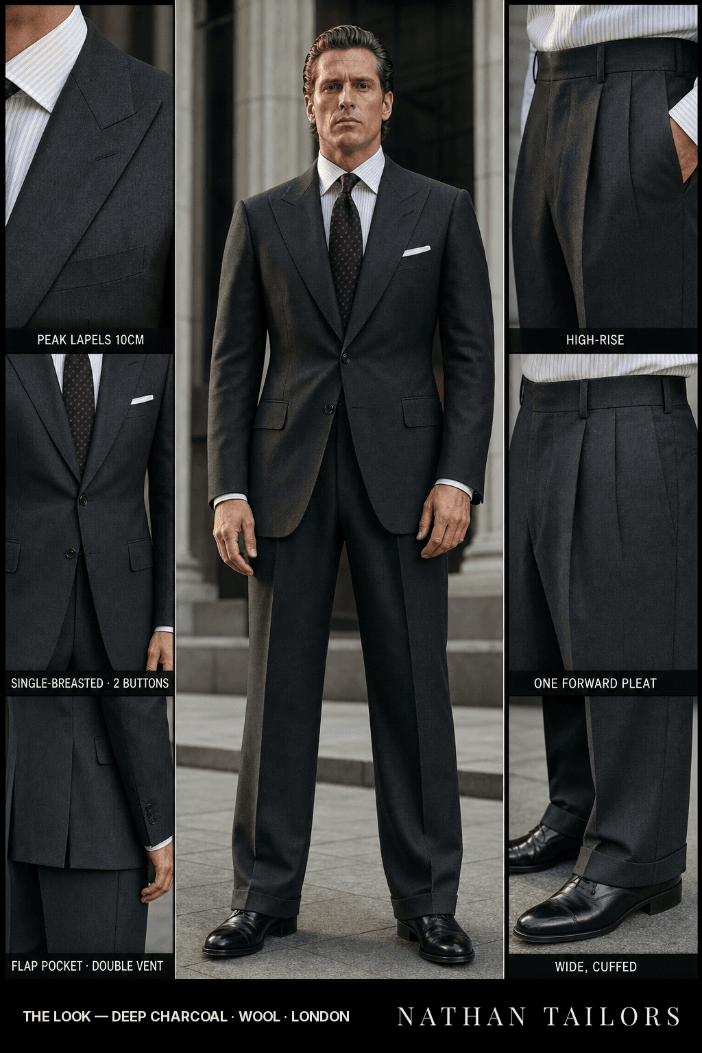 deep charcoal single-breasted bespoke suit — custom tailored by Nathan Tailors, the Hoi An custom tailor