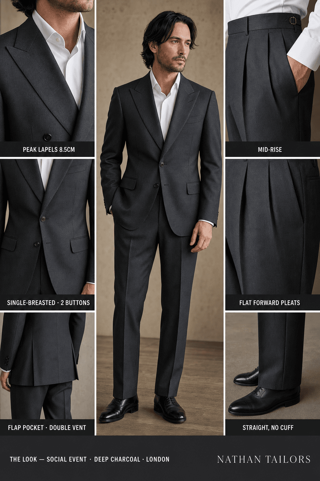 deep charcoal single-breasted peak-lapel bespoke suit — AI-rendered by Nathan Tailors, the Hoi An custom tailor. Available as a custom tailored suit from $129.