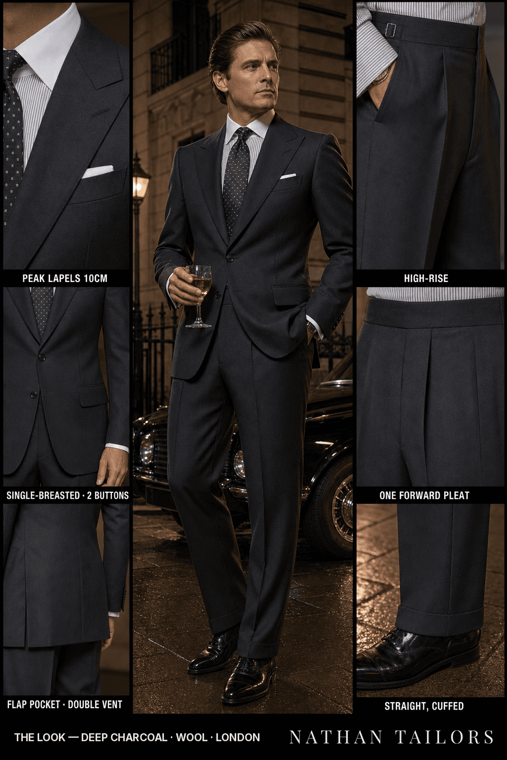 deep charcoal single-breasted bespoke suit — custom tailored by Nathan Tailors, the Hoi An custom tailor