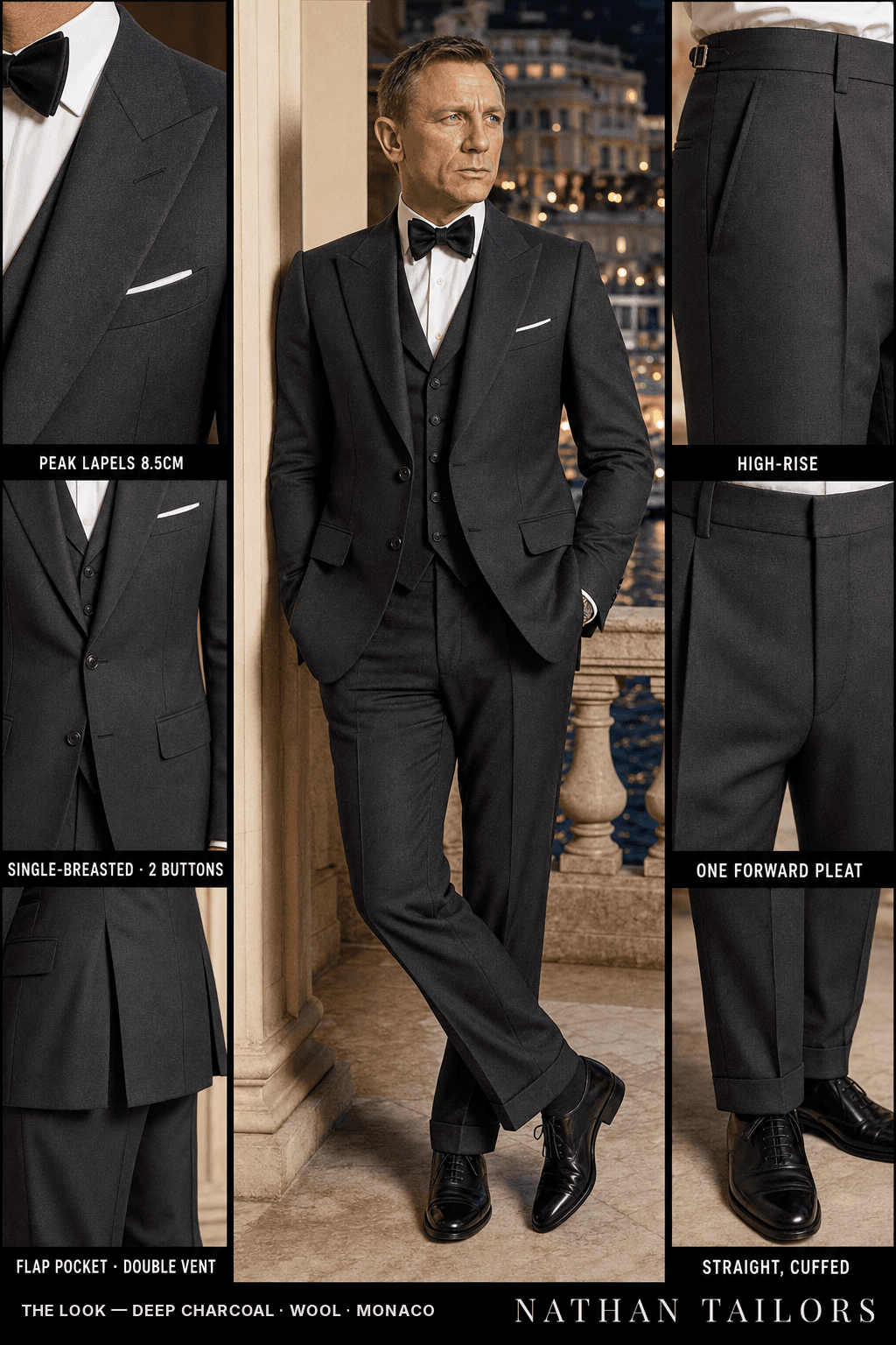 deep charcoal single-breasted bespoke suit — custom tailored by Nathan Tailors, the Hoi An custom tailor