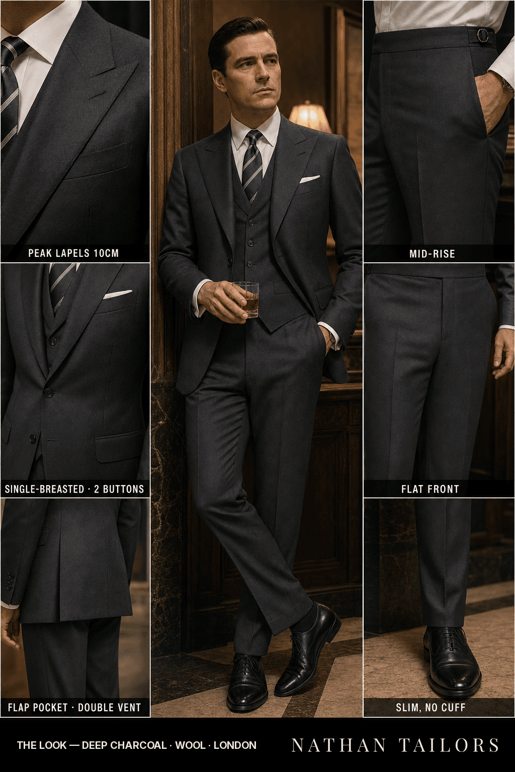 deep charcoal single-breasted bespoke suit — custom tailored by Nathan Tailors, the Hoi An custom tailor