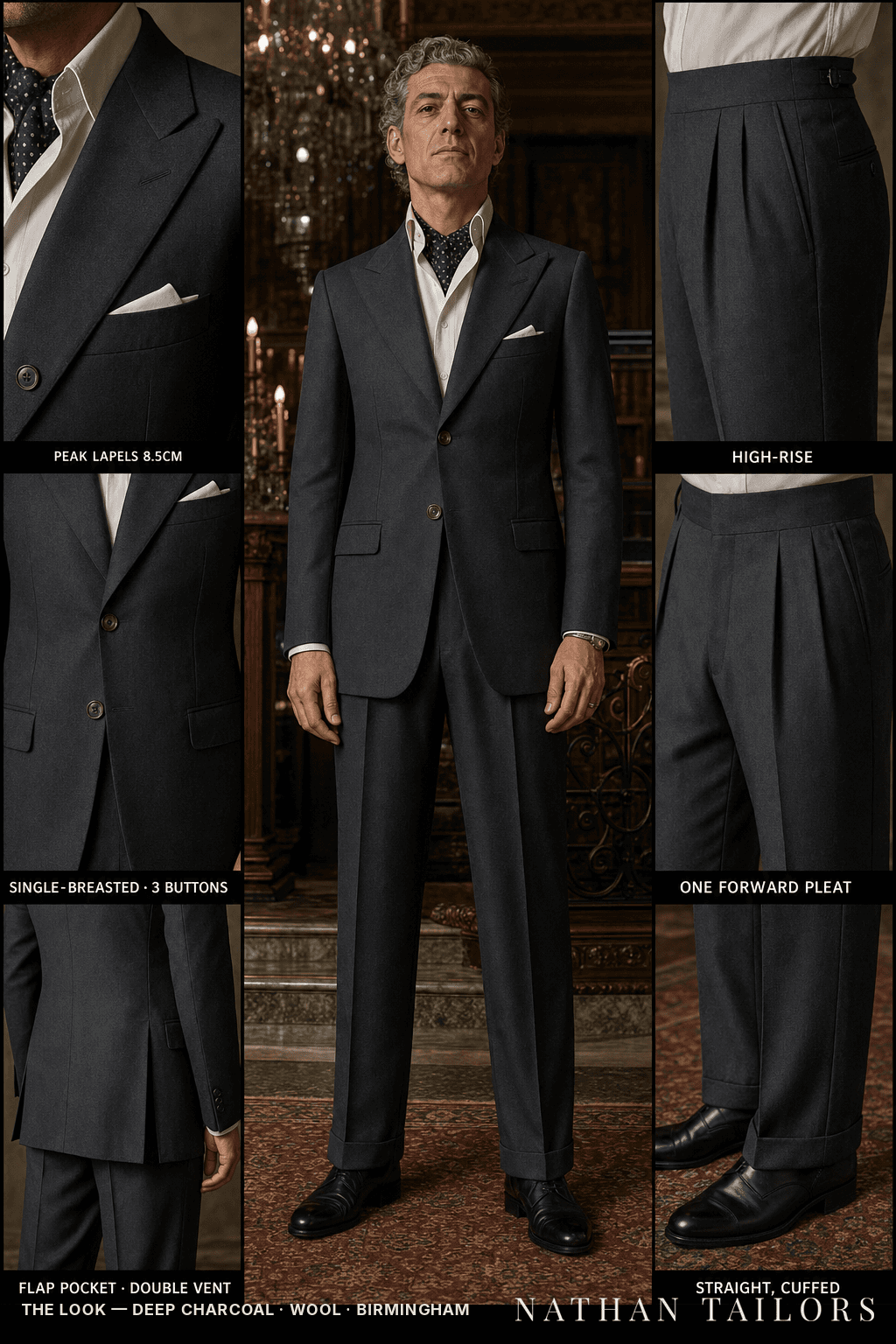 deep charcoal single-breasted bespoke suit — custom tailored by Nathan Tailors, the Hoi An custom tailor