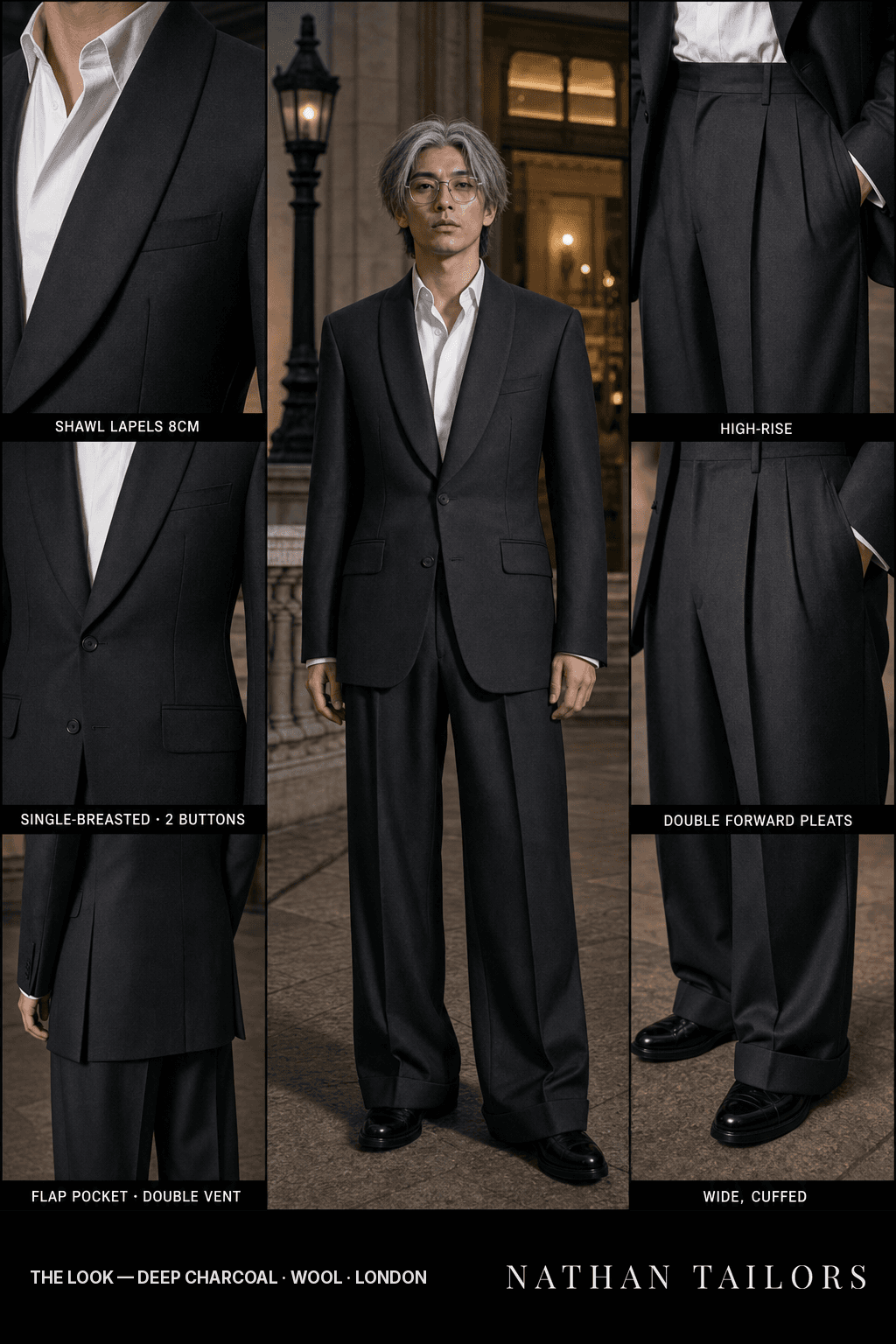 deep charcoal single-breasted bespoke suit — custom tailored by Nathan Tailors, the Hoi An custom tailor