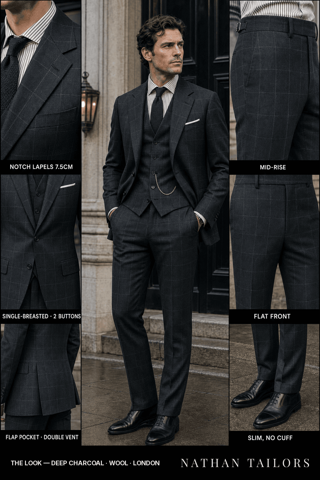 deep charcoal windowpane single-breasted bespoke suit — custom tailored by Nathan Tailors, the Hoi An custom tailor
