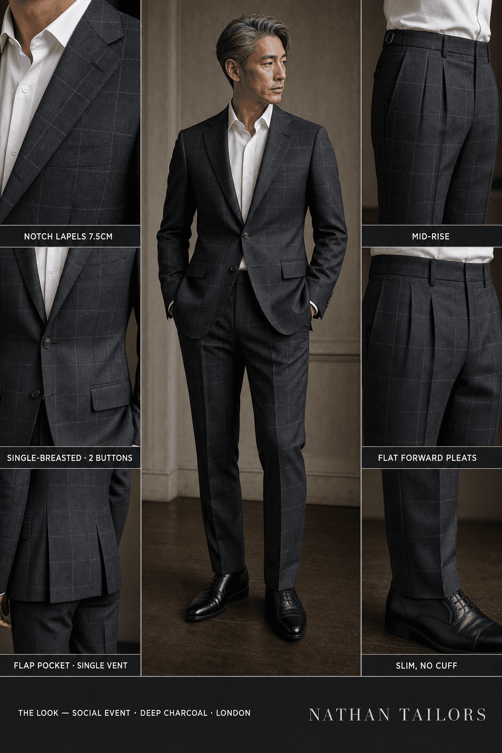deep charcoal windowpane single-breasted notch-lapel bespoke suit — AI-rendered by Nathan Tailors, the Hoi An custom tailor. Available as a custom tailored suit from $129.